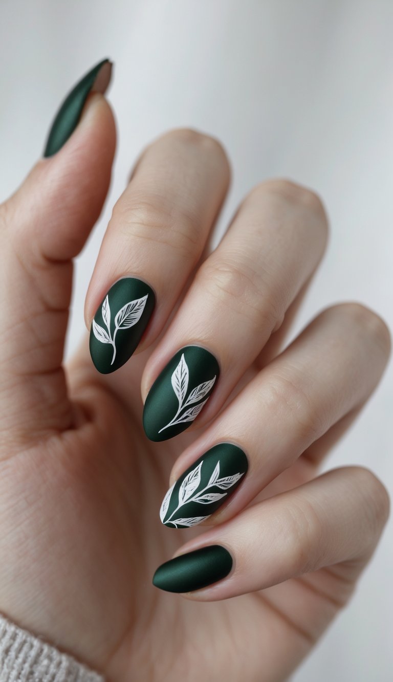 Close-up of one hand with dark green nails and leaf designs against a white background.