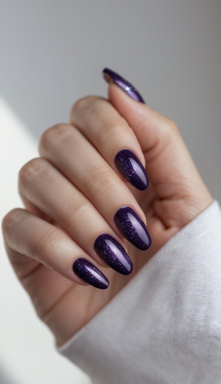 Close-up of one hand with dark violet nails featuring subtle sparkle details against a white background.
