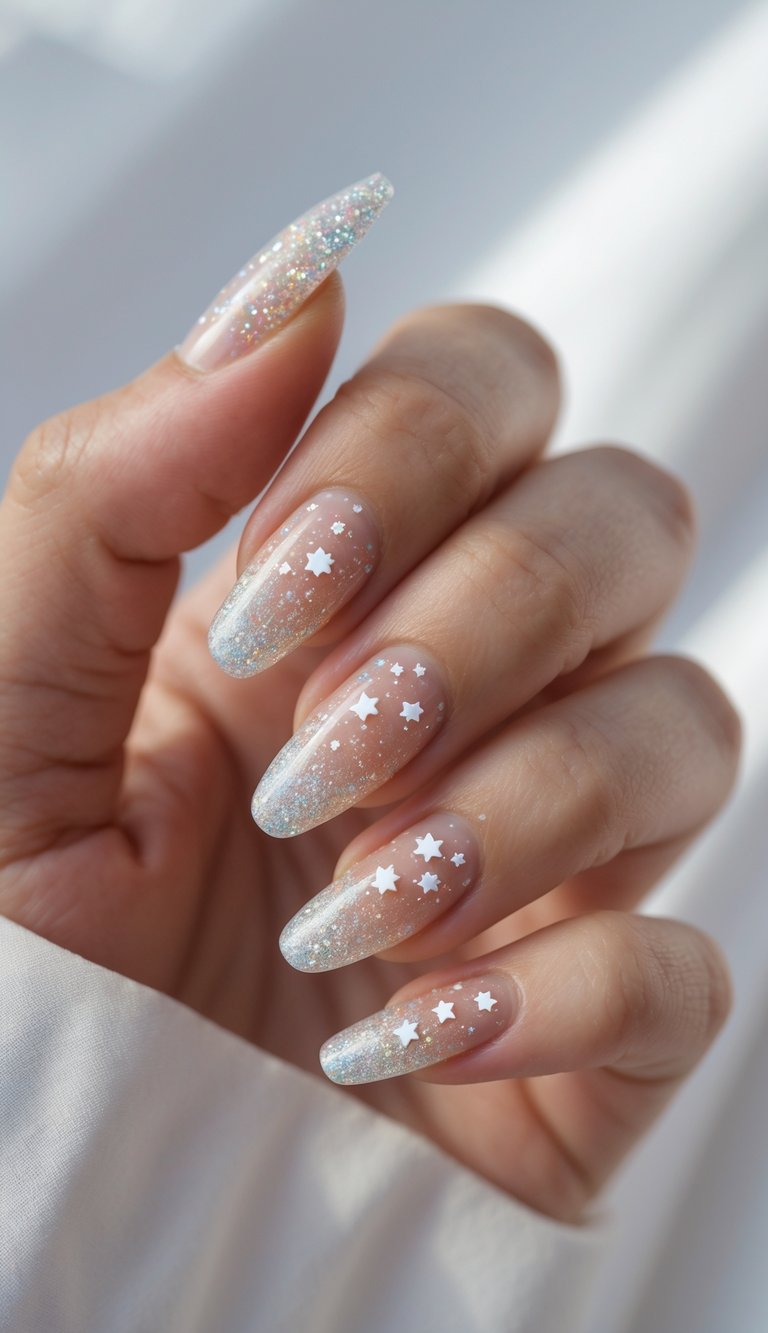 Close-up of one hand with glitter French tip nails decorated with small star patterns against a white background.