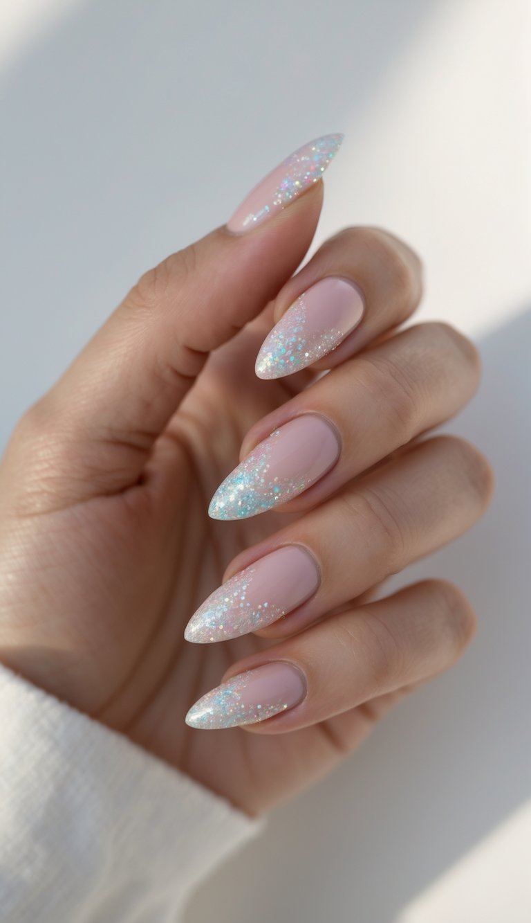 Close-up of one hand with pastel glitter French tip nails against a white background.