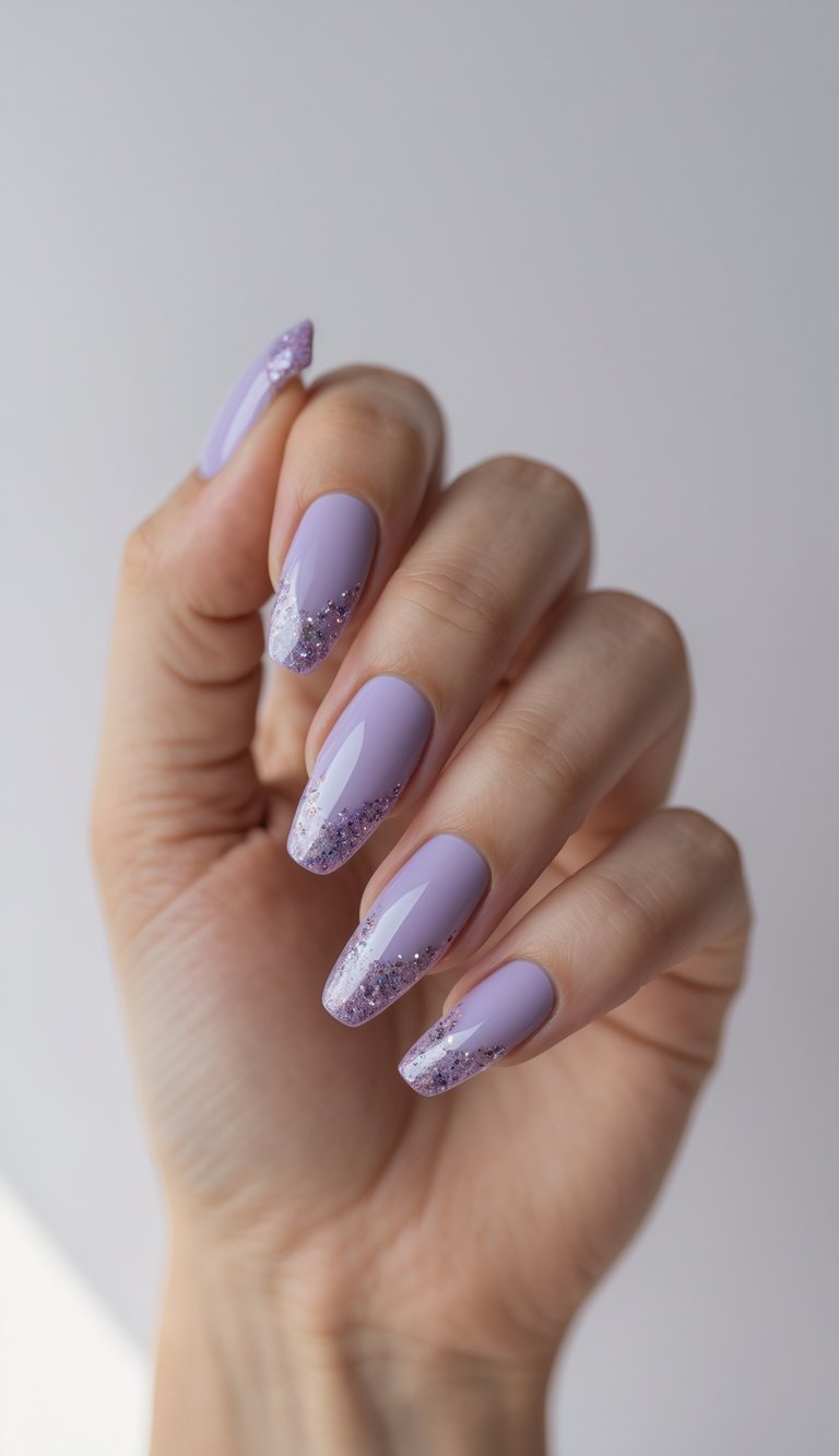 Close-up of one hand with lavender nails and glitter French tips against a white background.