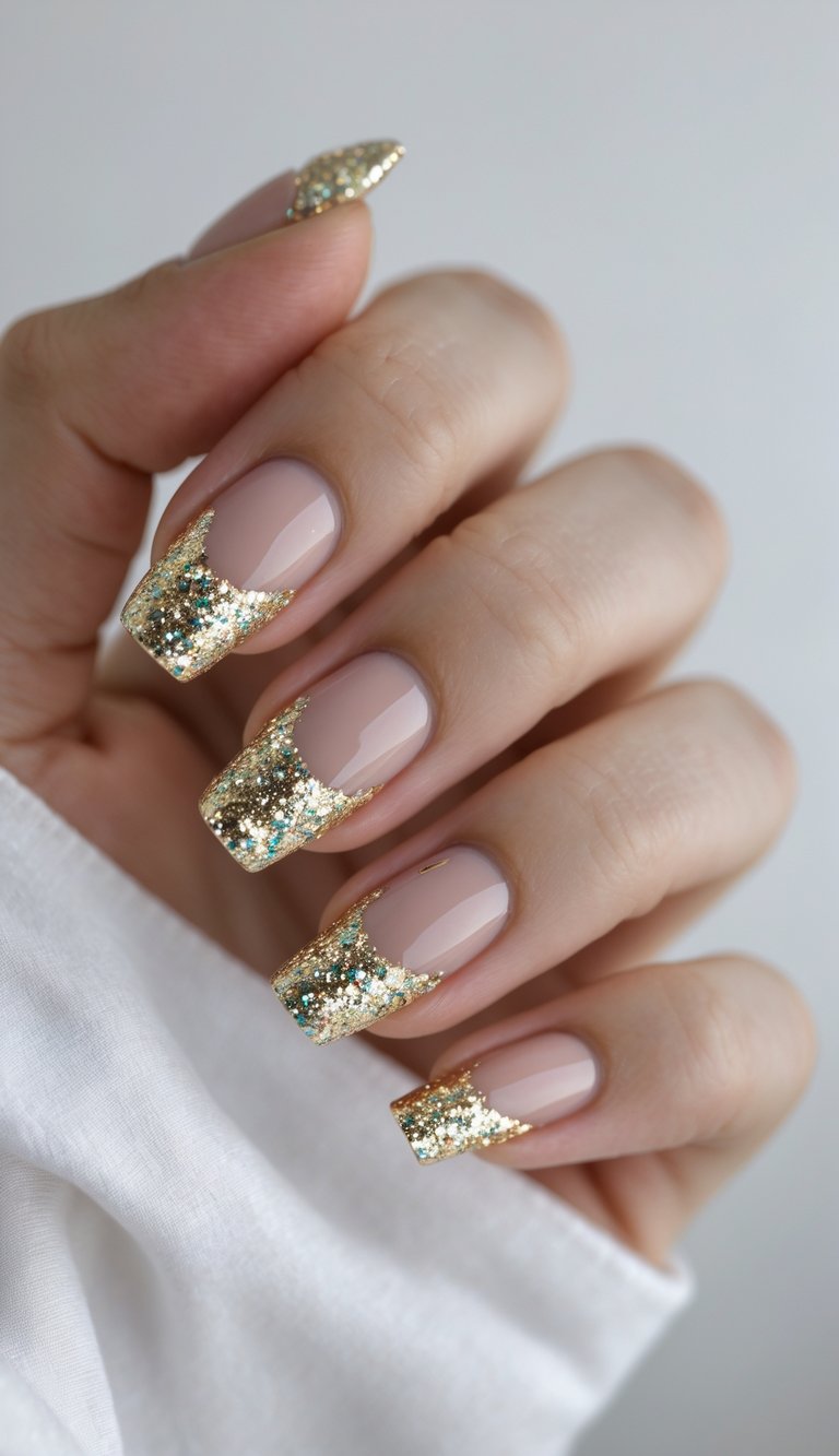Close-up of one hand with manicured nails featuring French tips and glitter accents against a white background.