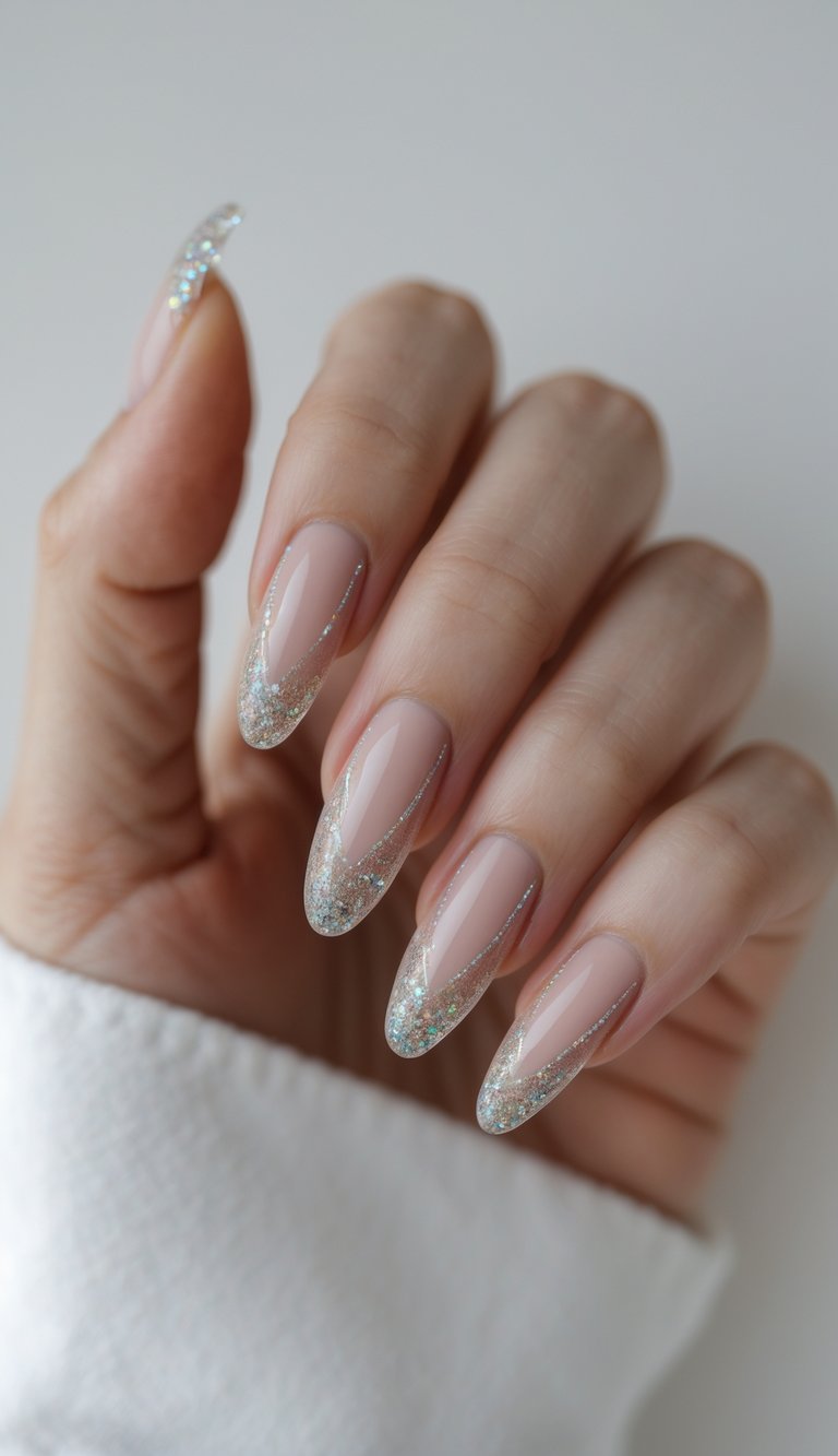 Close-up of one hand with neatly manicured nails featuring thin glitter lines on the tips against a white background.