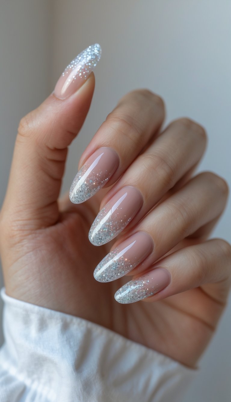 Close-up of one hand with nails featuring glittery French tips and a gradient effect on a white background.