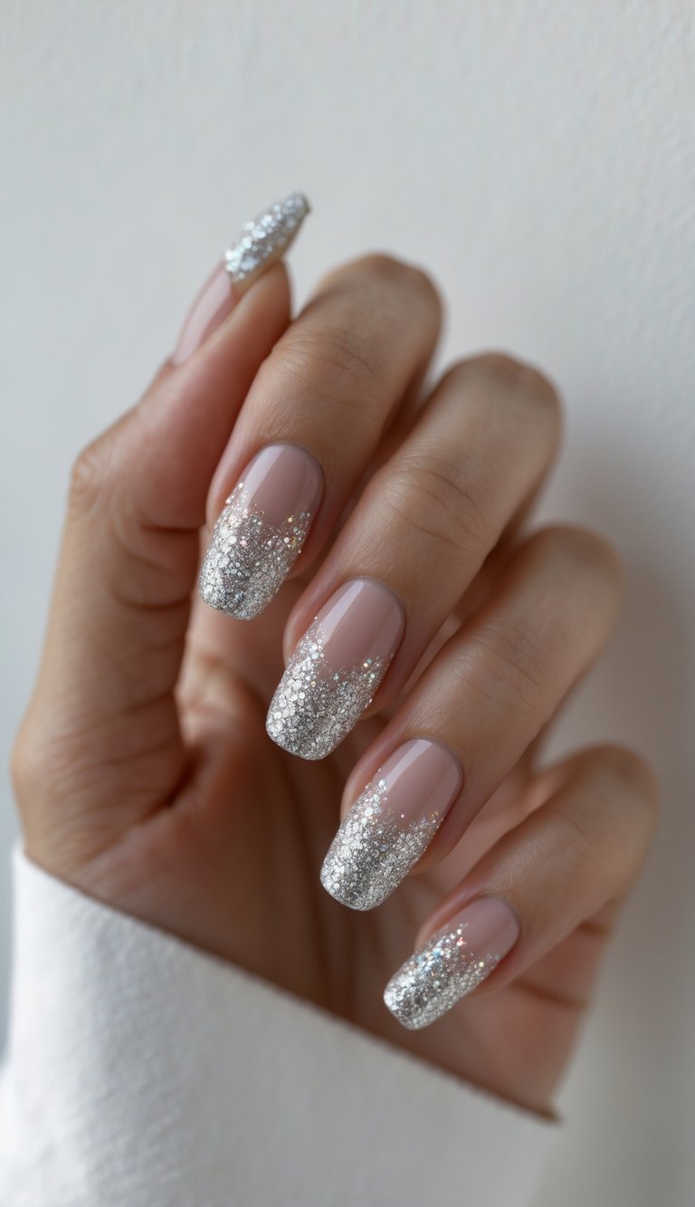 Close-up of one hand with glitter French tip nails against a white background.