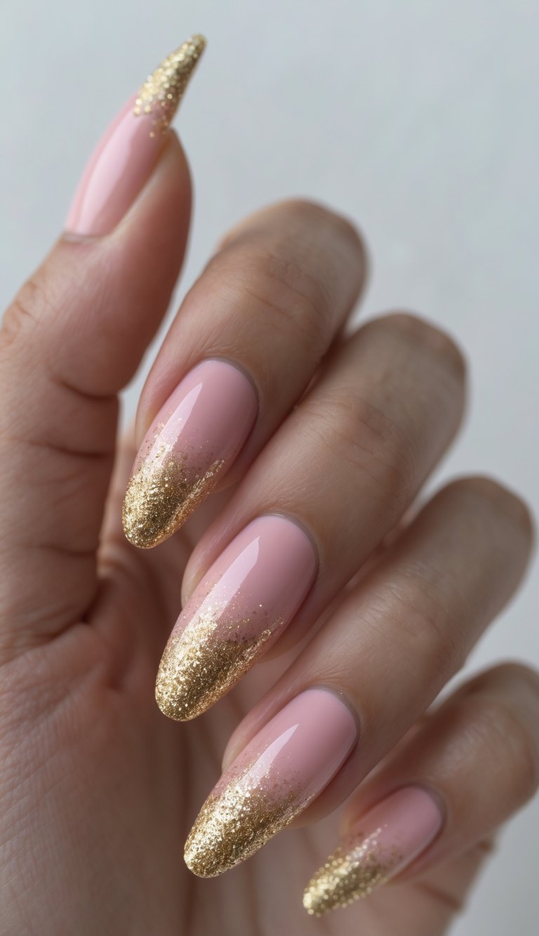 Close-up of one hand with nails painted in pink to gold glitter gradient French tips against a white background.