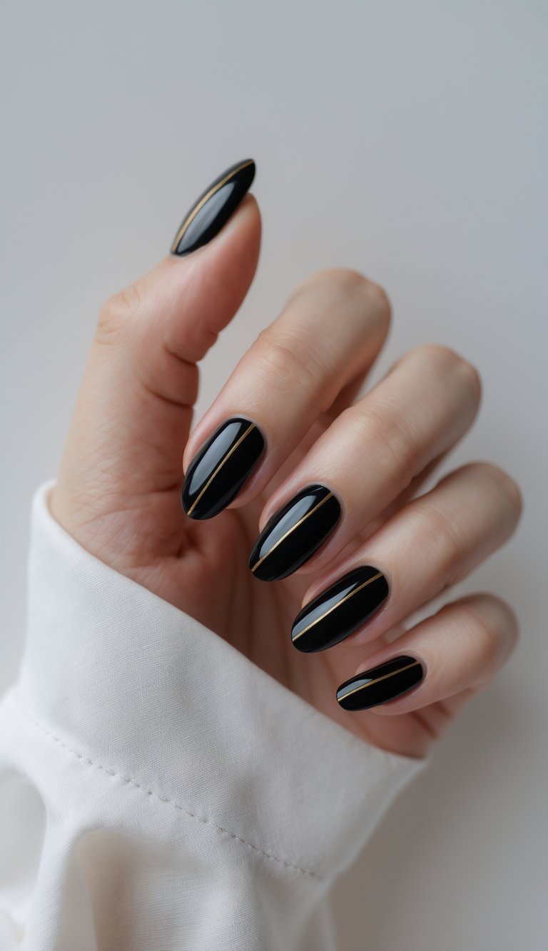 Close-up of one hand with black nails decorated with thin gold lines on a white background.