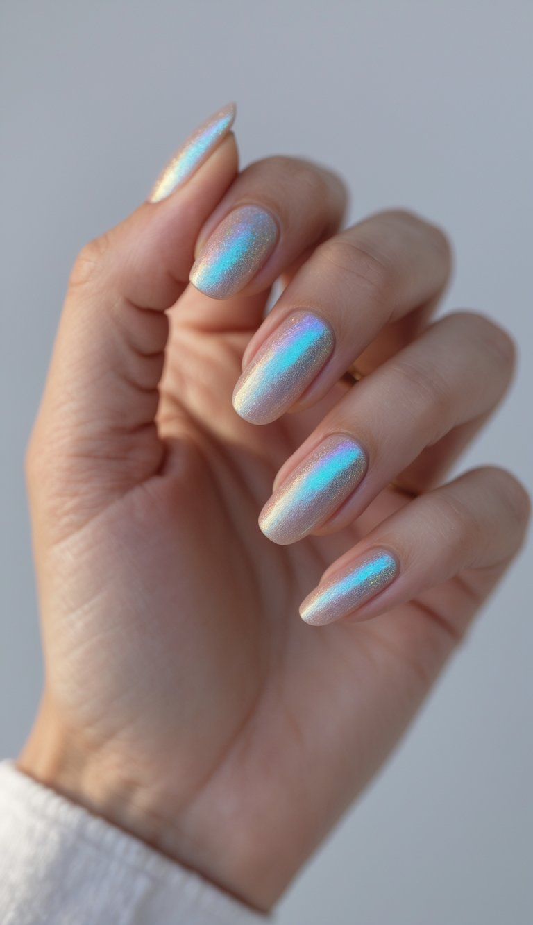Close-up of a single hand with holographic shimmer nail polish against a white background.