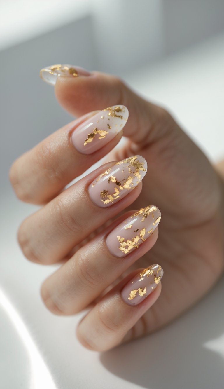 Close-up of one hand with clear nails decorated with gold flakes against a white background.