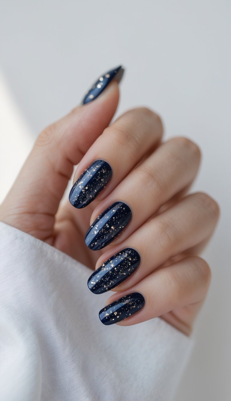 Close-up of one hand with navy blue nails featuring sparkling nail art against a white background.