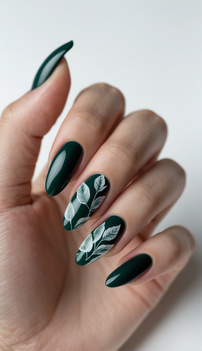 Close-up of one hand with dark green nails featuring detailed leaf designs against a white background.