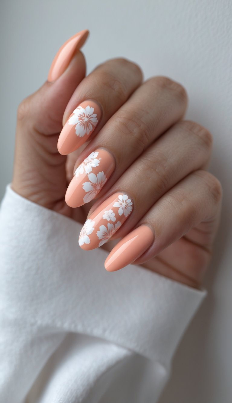 Close-up of one hand with light coral nails decorated with white flower designs on a white background.
