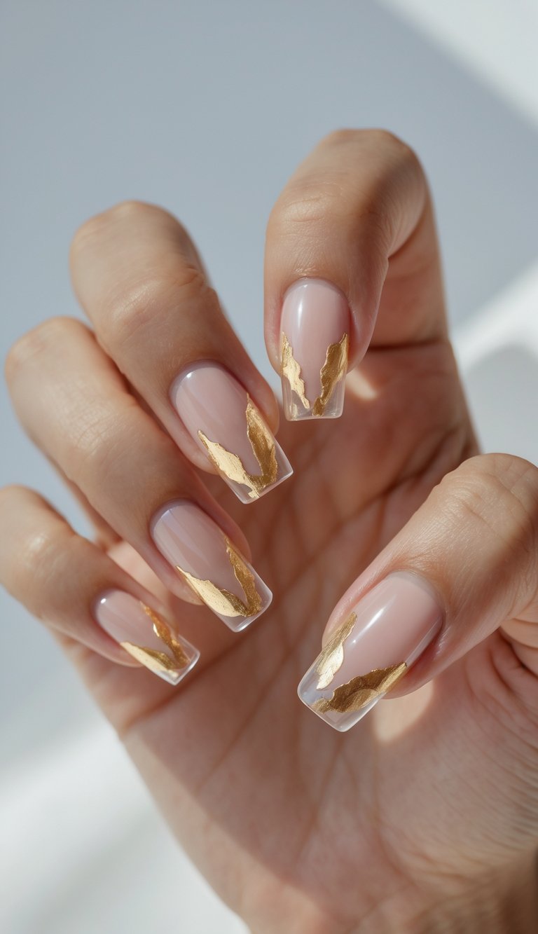 Close-up of one hand with transparent nails decorated with gold foil, against a white background.