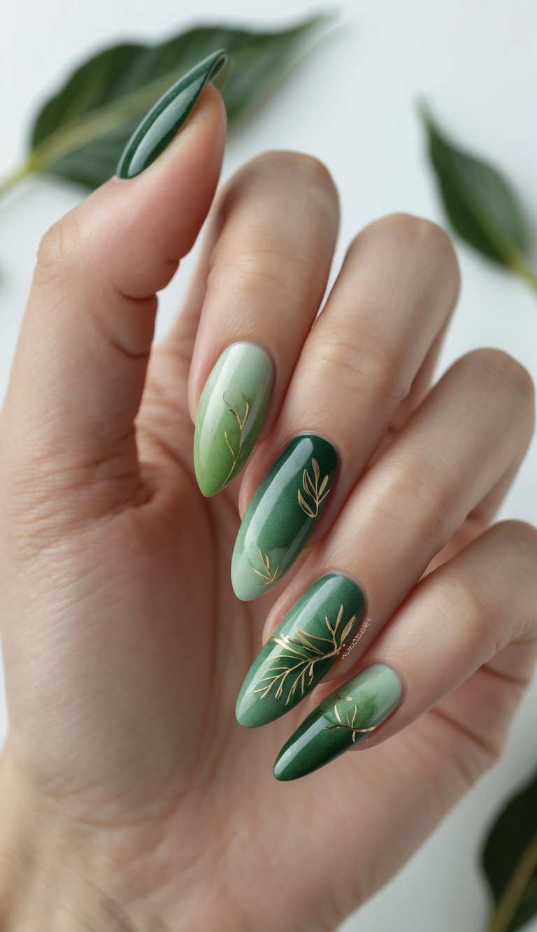 Close-up of one hand with moss green nails featuring detailed leaf designs against a white background.