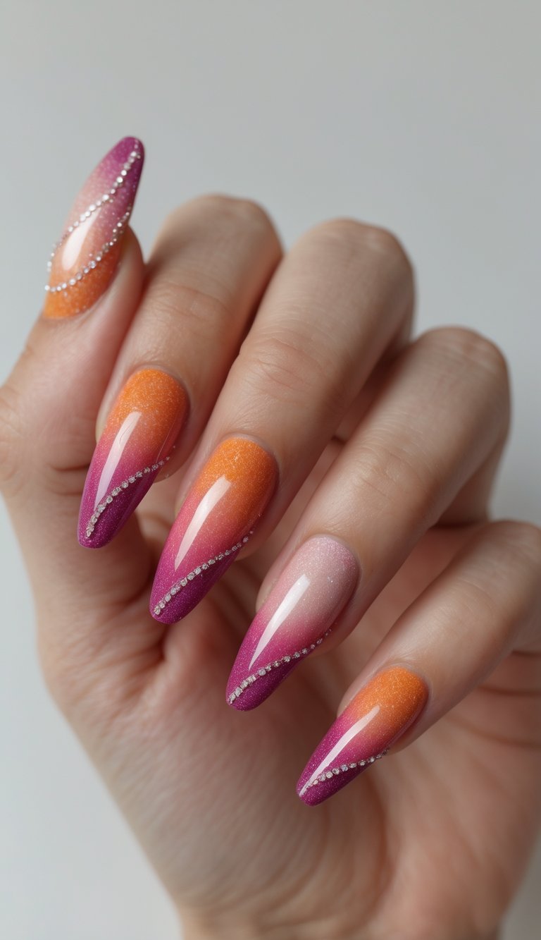 Close-up of a single hand with nails painted in a sunset gradient and sparkling details against a white background.