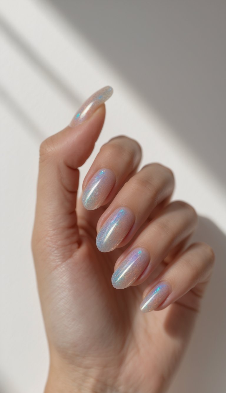 Close-up of one hand with shimmery, detailed nail art against a white background.