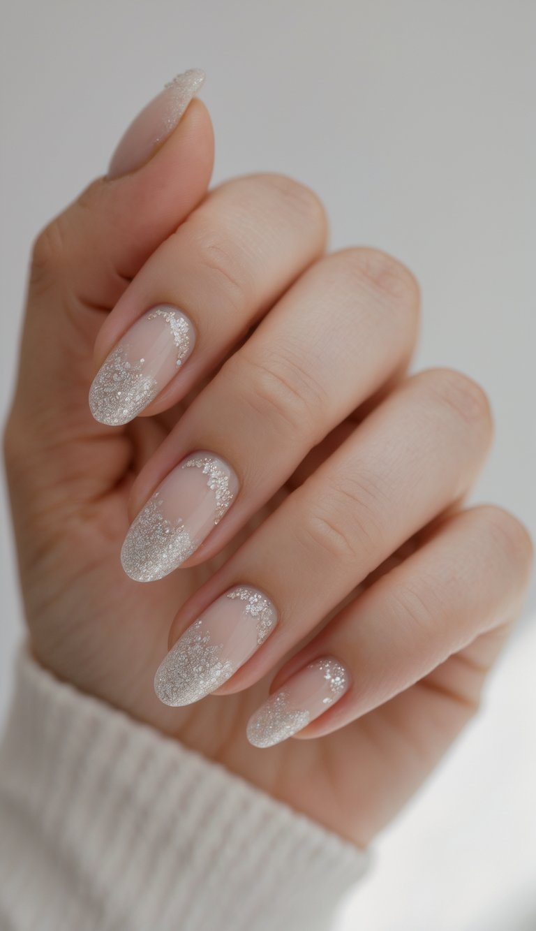 Close-up of one hand with manicured nails featuring subtle sparkle accents against a white background.