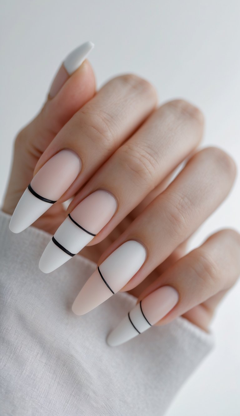 Close-up of one hand with nails painted in abstract French tip designs against a white background.