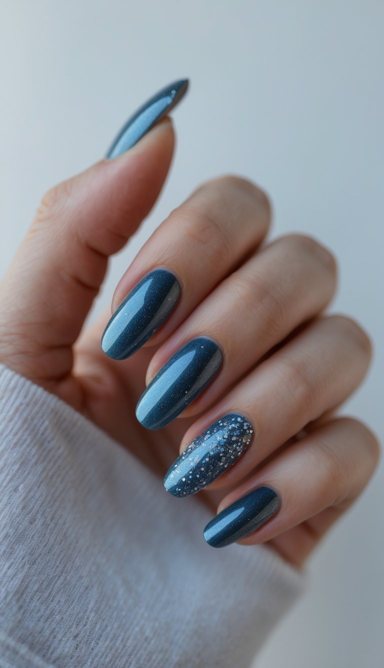 Close-up of a single hand with steel blue nails featuring subtle glitter accents against a white background.