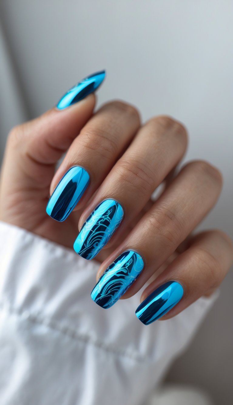 Close-up of one hand with electric blue chrome nails against a white background.