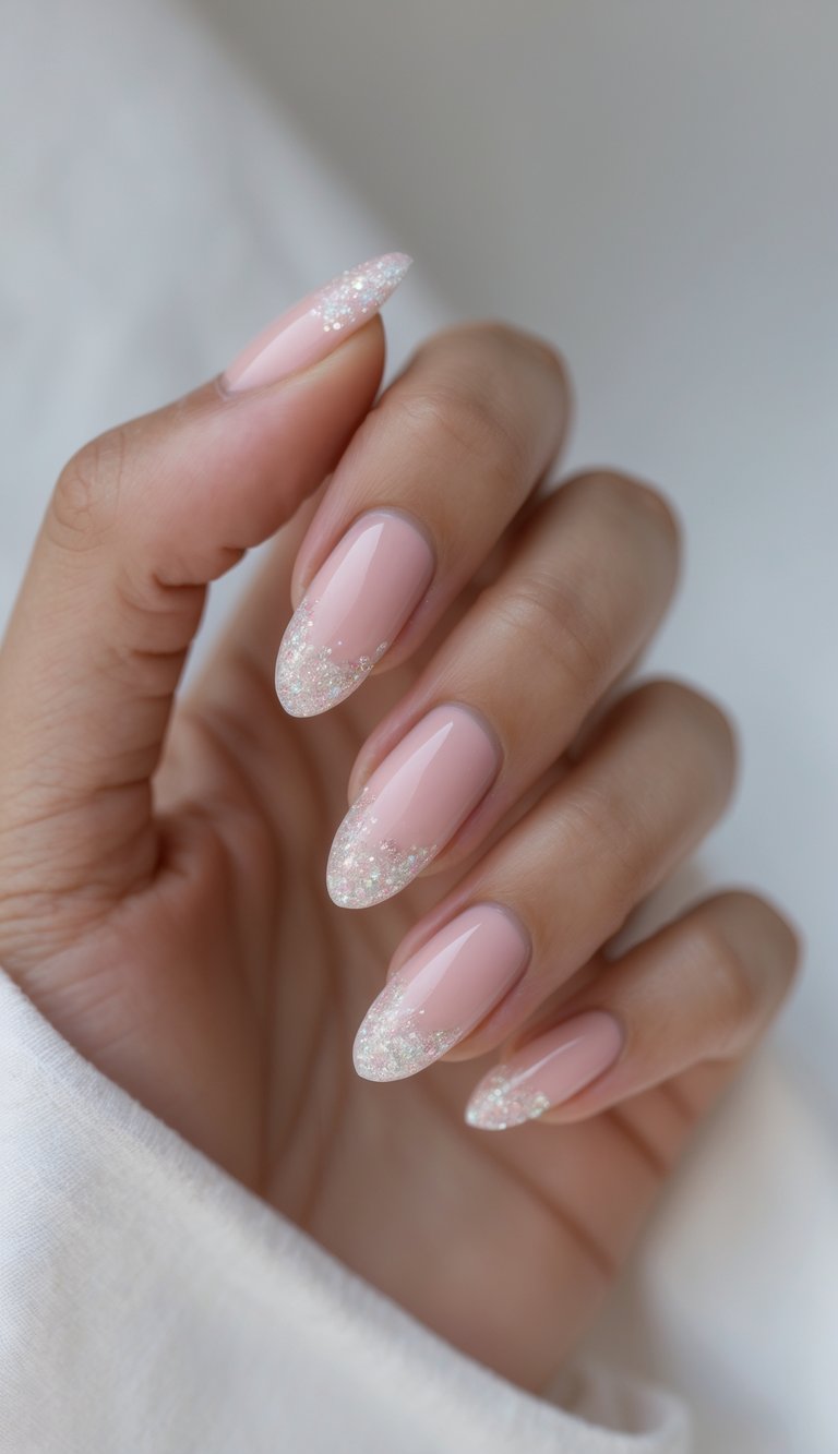 Close-up of one hand with sheer pink nails and glittery tips against a white background.