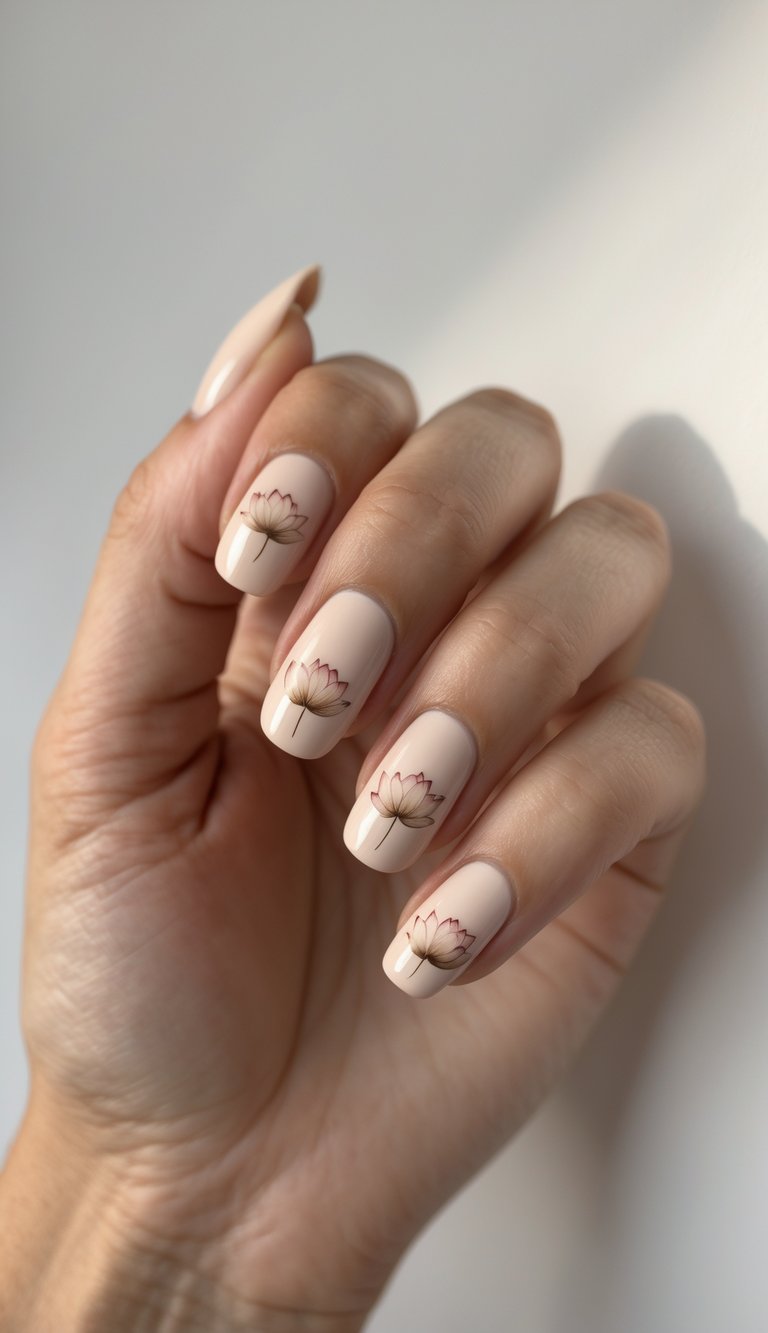 Close-up of one hand with beige nails featuring small lotus flower designs against a white background.