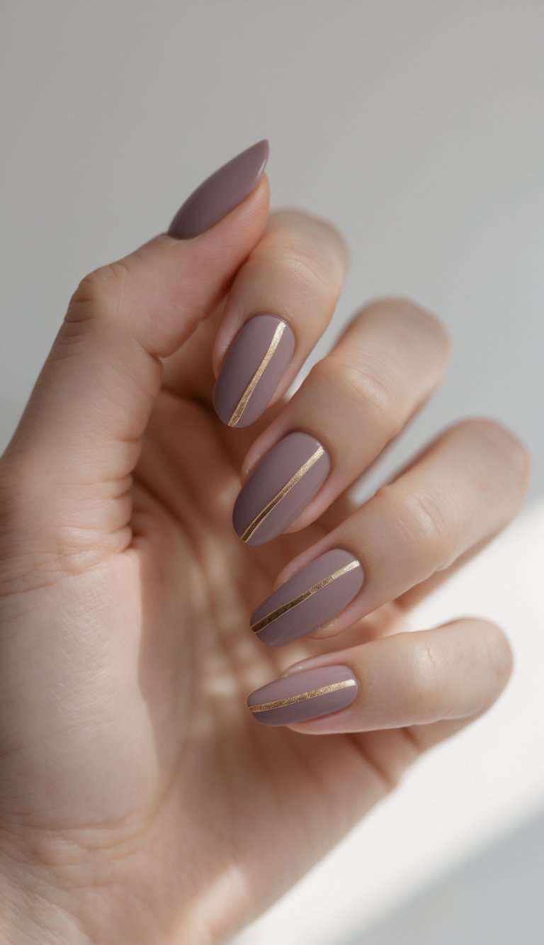 Close-up of one hand with mauve nails featuring thin gold lines against a white background.