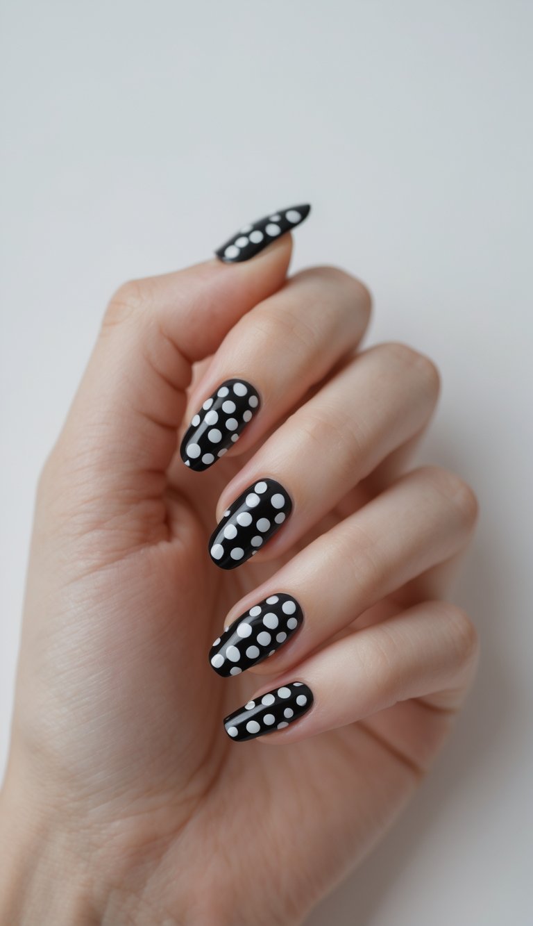 Close-up of one hand with black nails decorated with white polka dots against a white background.