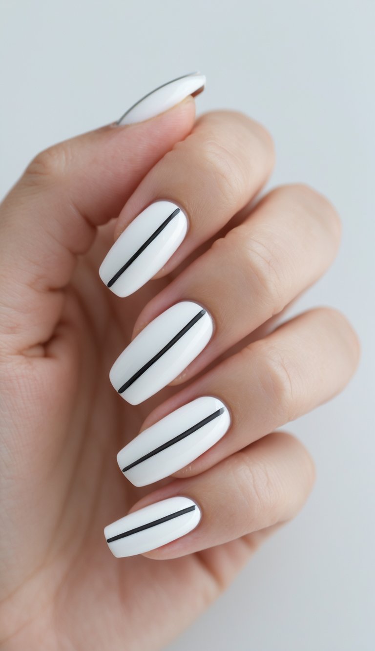 Close-up of one hand with white nails decorated with thin black diagonal stripes against a white background.