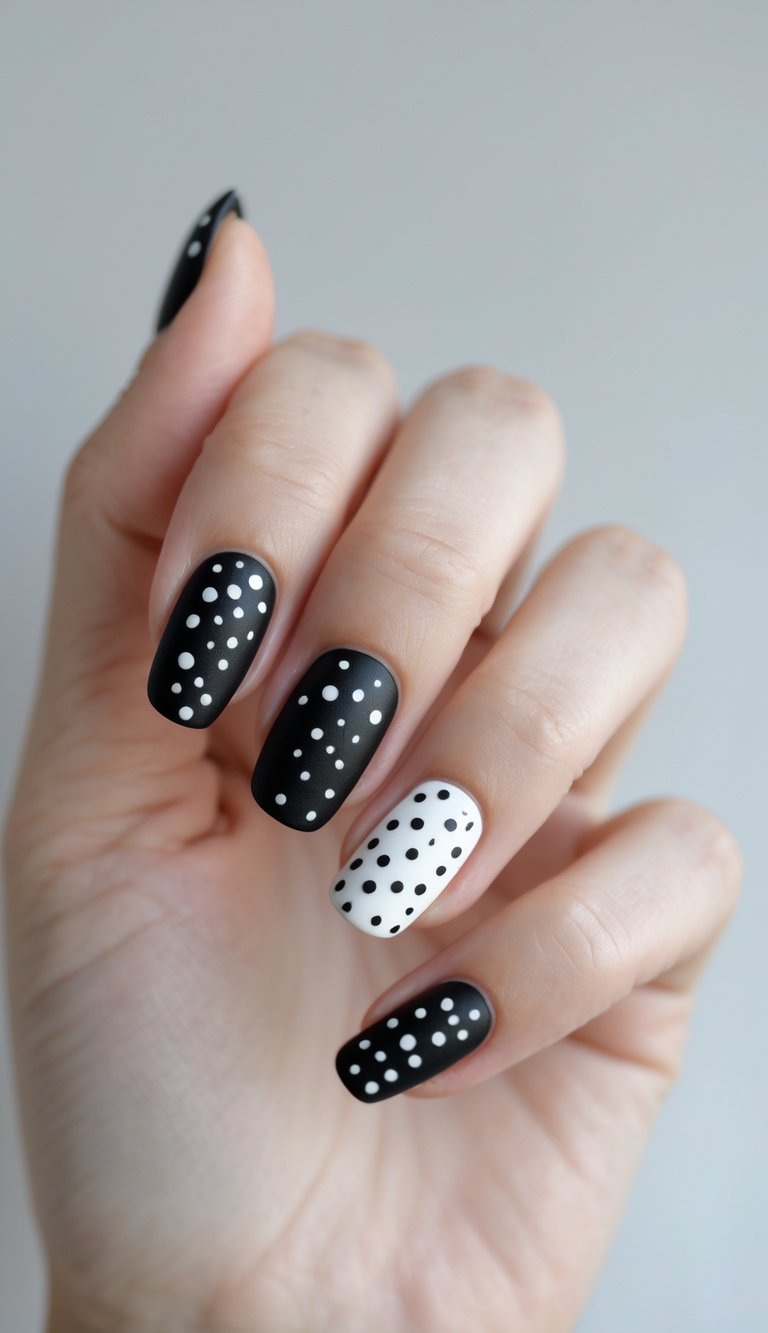 Close-up of a single hand with black nails decorated with white dots on a white background.