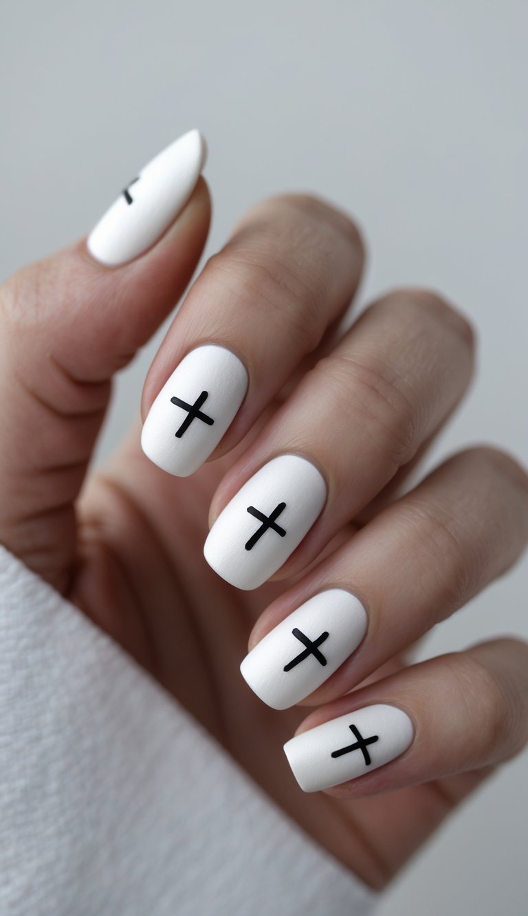 Close-up of one hand showing matte white nails with thin black cross designs on each nail against a white background.