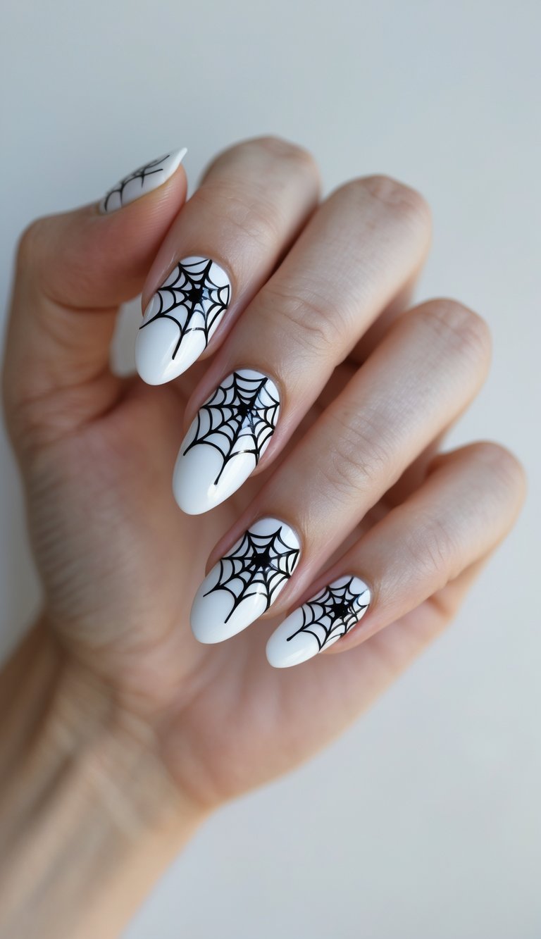 Close-up of a hand with glossy white nails decorated with black spider web designs against a white background.