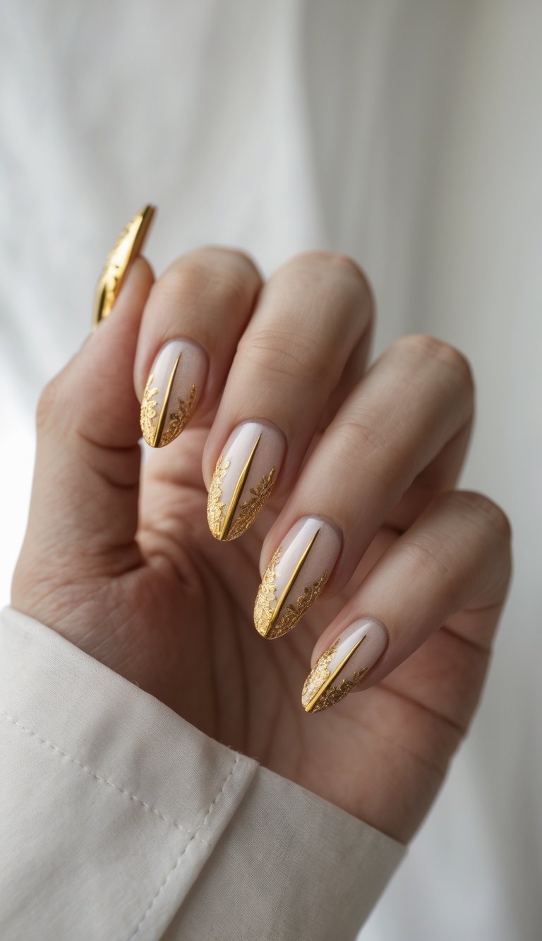 Close-up of one hand with manicured nails featuring gold tips against a white background.
