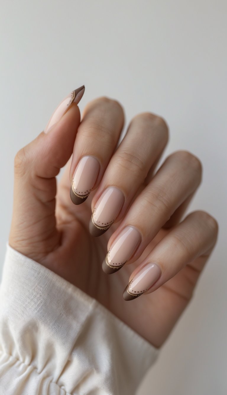 Close-up of a hand with sepia-toned French tip nails against a white background.