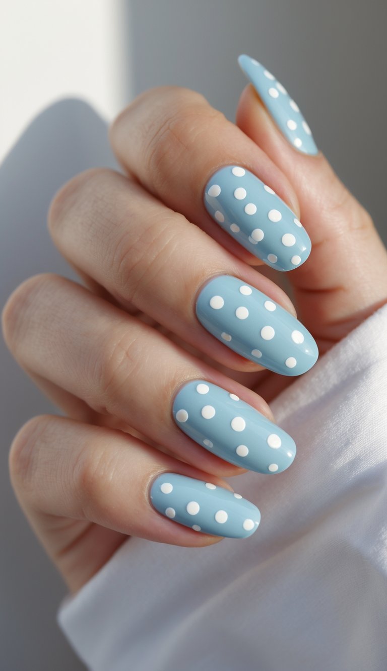 Close-up of one hand with soft blue nails decorated with white polka dots against a white background.