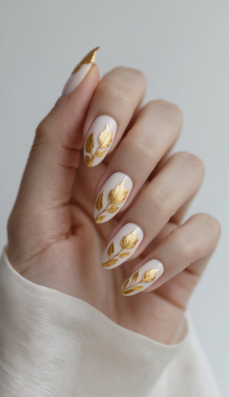 Close-up of one hand with nails decorated in gold leaf accents against a white background.