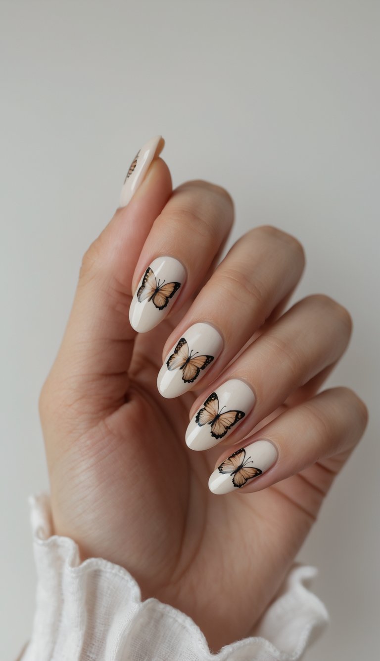 Close-up of one hand with detailed butterfly nail art on each nail against a white background.