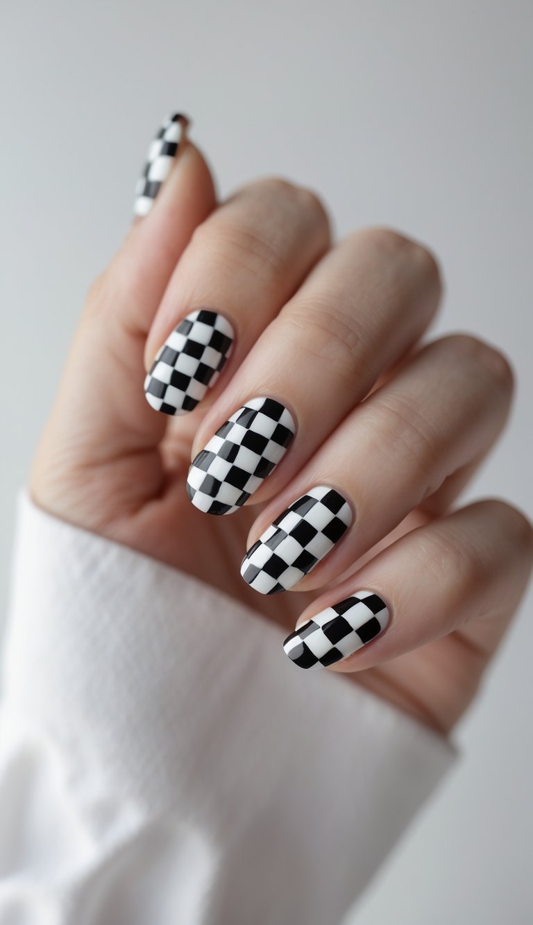 Close-up of one hand with nails painted in a black and white checkerboard pattern against a plain white background.