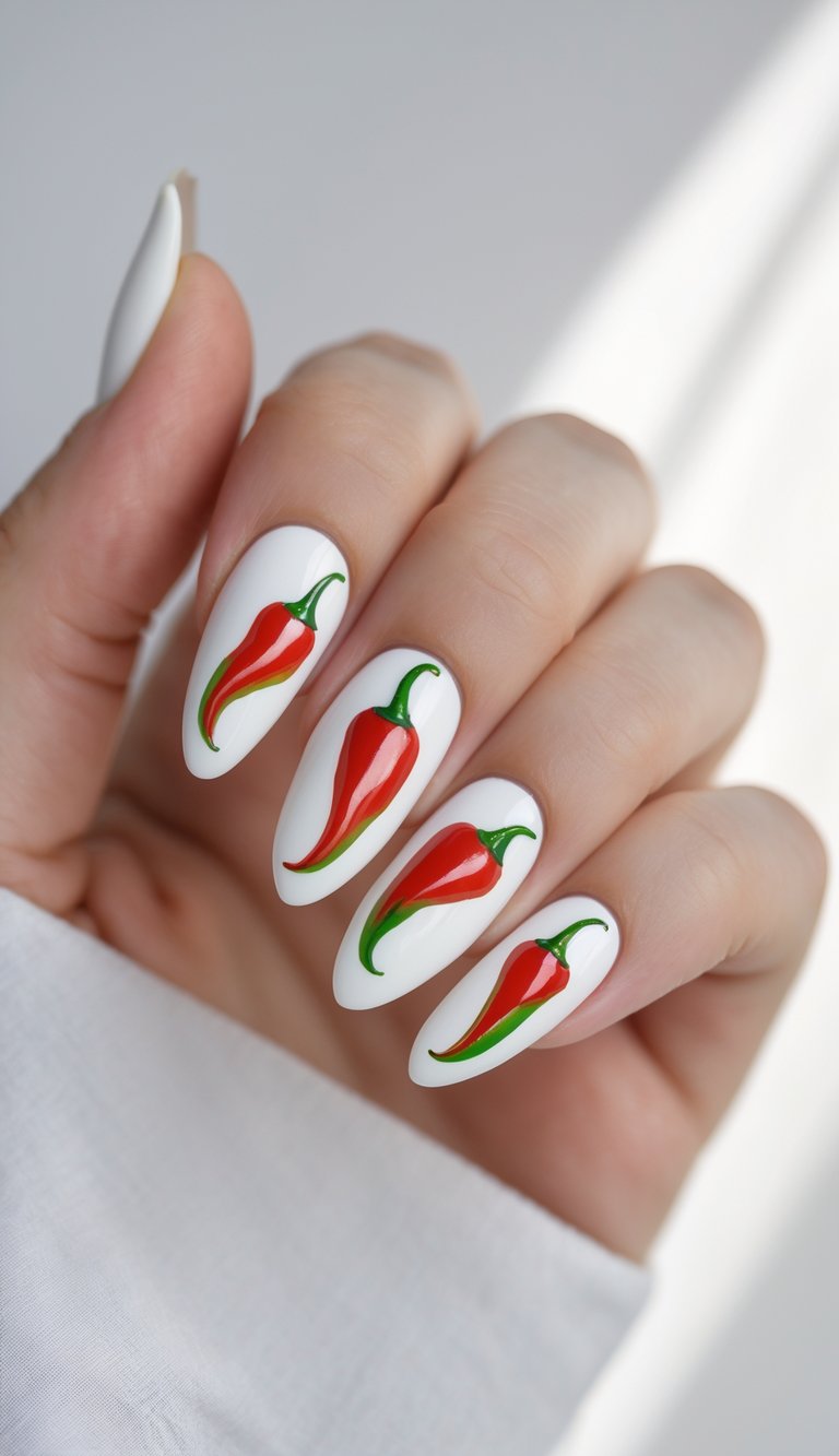 Close-up of one hand showing white nails with red chili pepper designs on a white background.