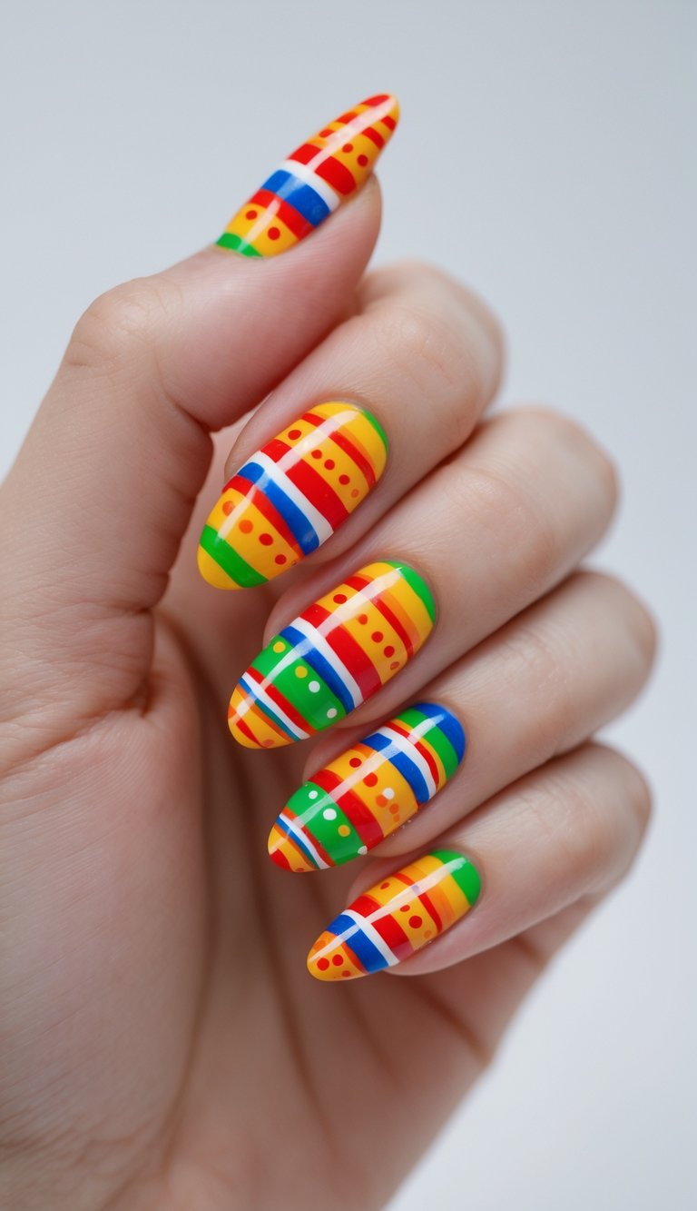 Close-up of one hand with colorful striped and dotted nail art on a white background.