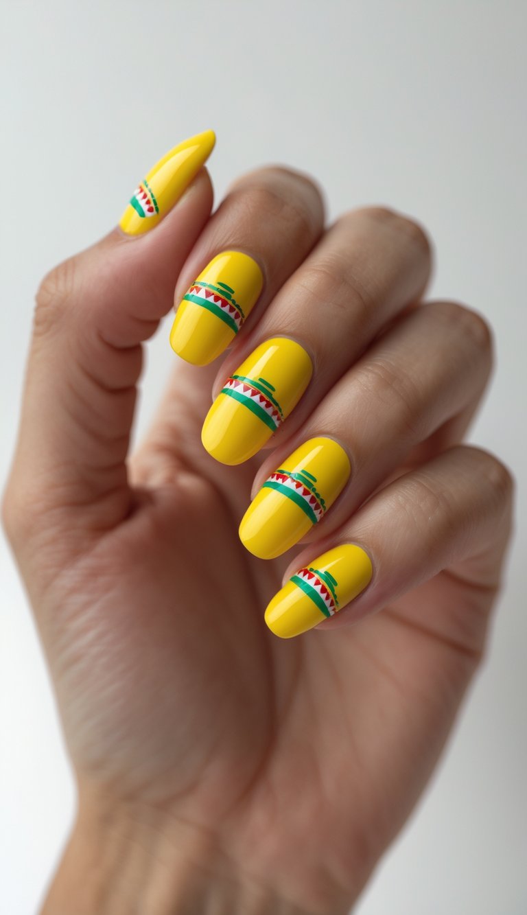 Close-up of one hand with bright yellow nails decorated with small sombrero designs on a white background.