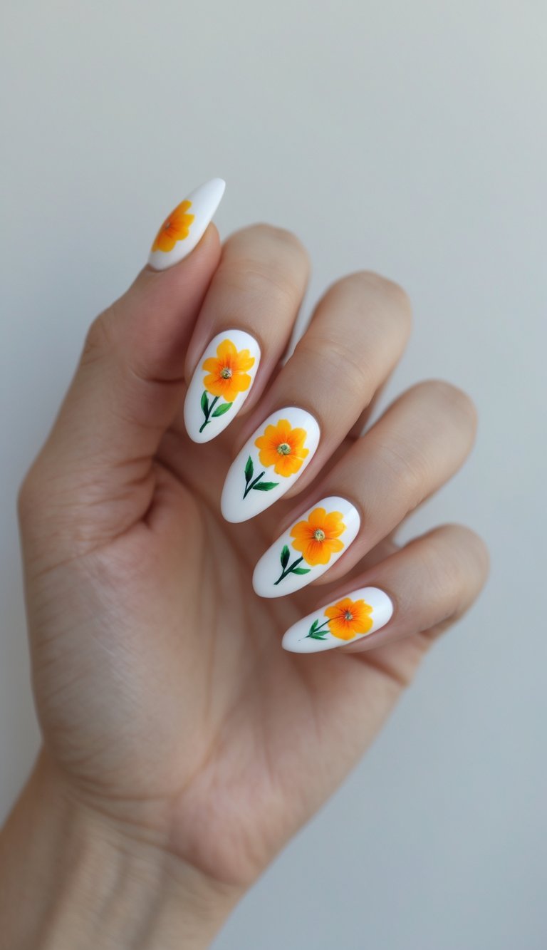 Close-up of one hand with white nails and a bright marigold flower painted on the nails against a white background.