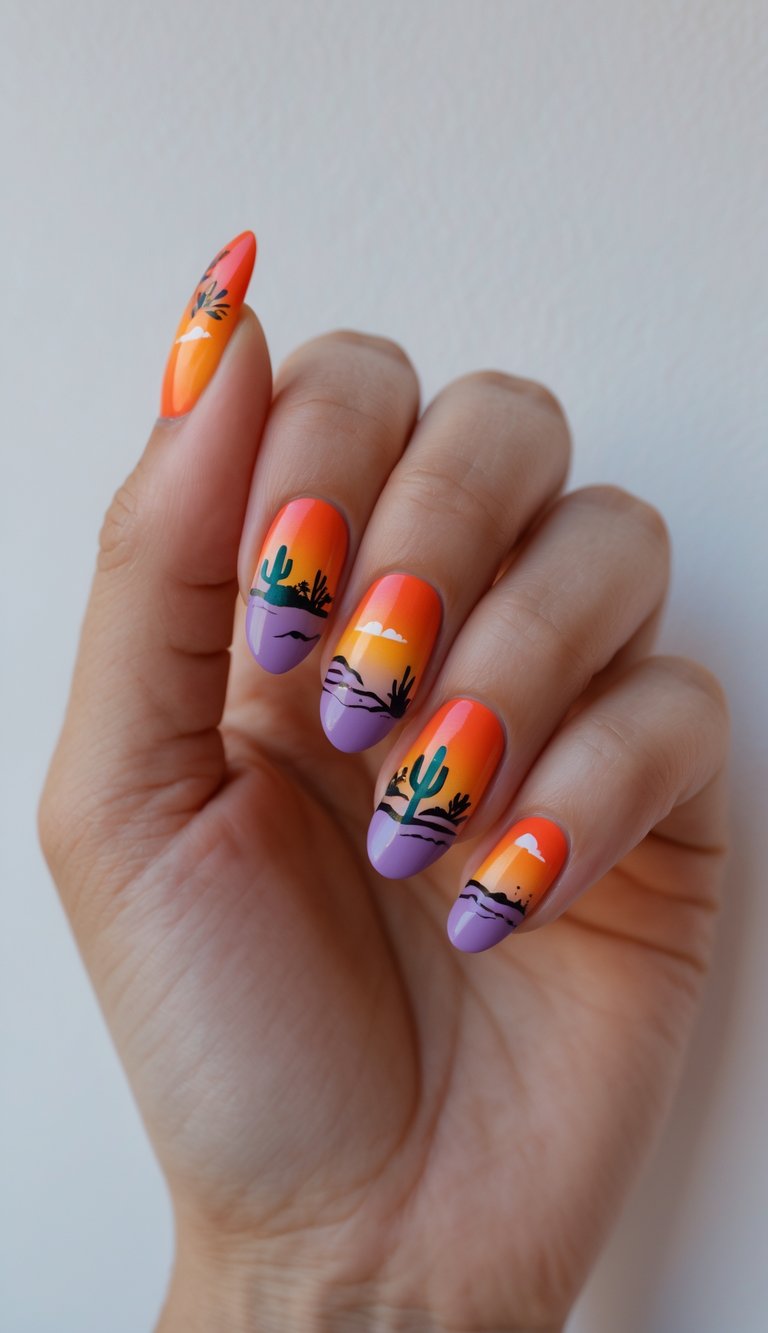 Close-up of one hand with nails painted in warm gradient colors resembling a sunset, featuring detailed designs inspired by Mexican landscapes on a white background.
