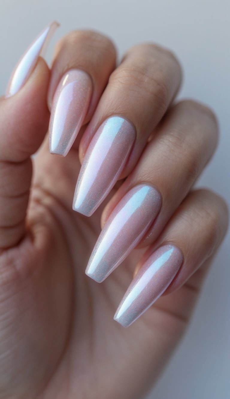Close-up of a single hand with ballerina-shaped nails painted in iridescent pearly pink, against a white background.