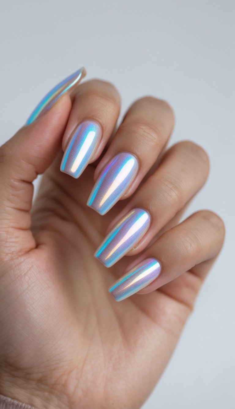 Close-up of one hand with ballerina-shaped nails featuring holographic shine, set against a white background.