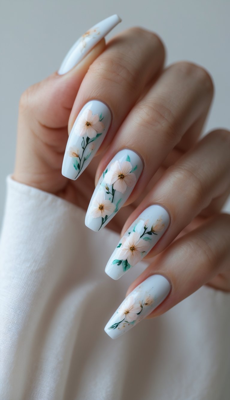Close-up of one hand showing ballerina-shaped nails with detailed floral nail art on a white background.