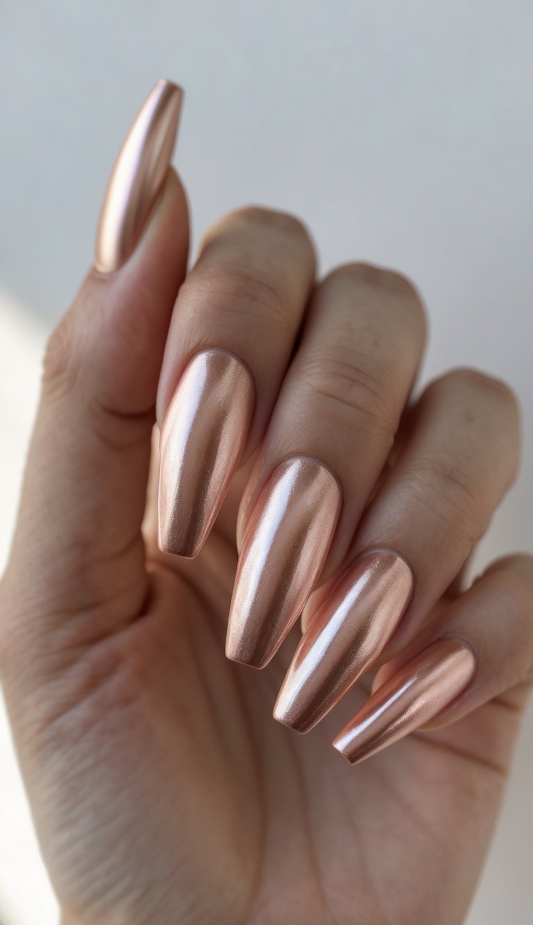 Close-up of a single hand with metallic rose gold coffin-shaped nails against a white background.