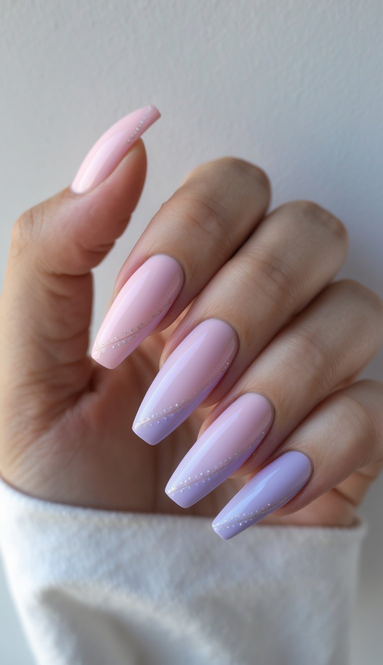 Close-up of one hand with pastel ombre ballerina-shaped nails against a white background.