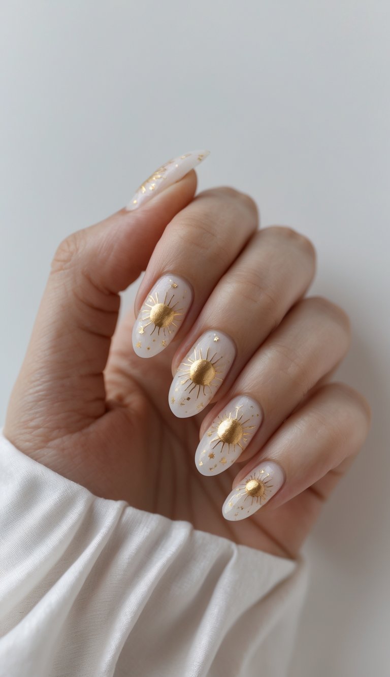 Close-up of one hand with manicured nails decorated with gold flecks and sun designs on a white background.