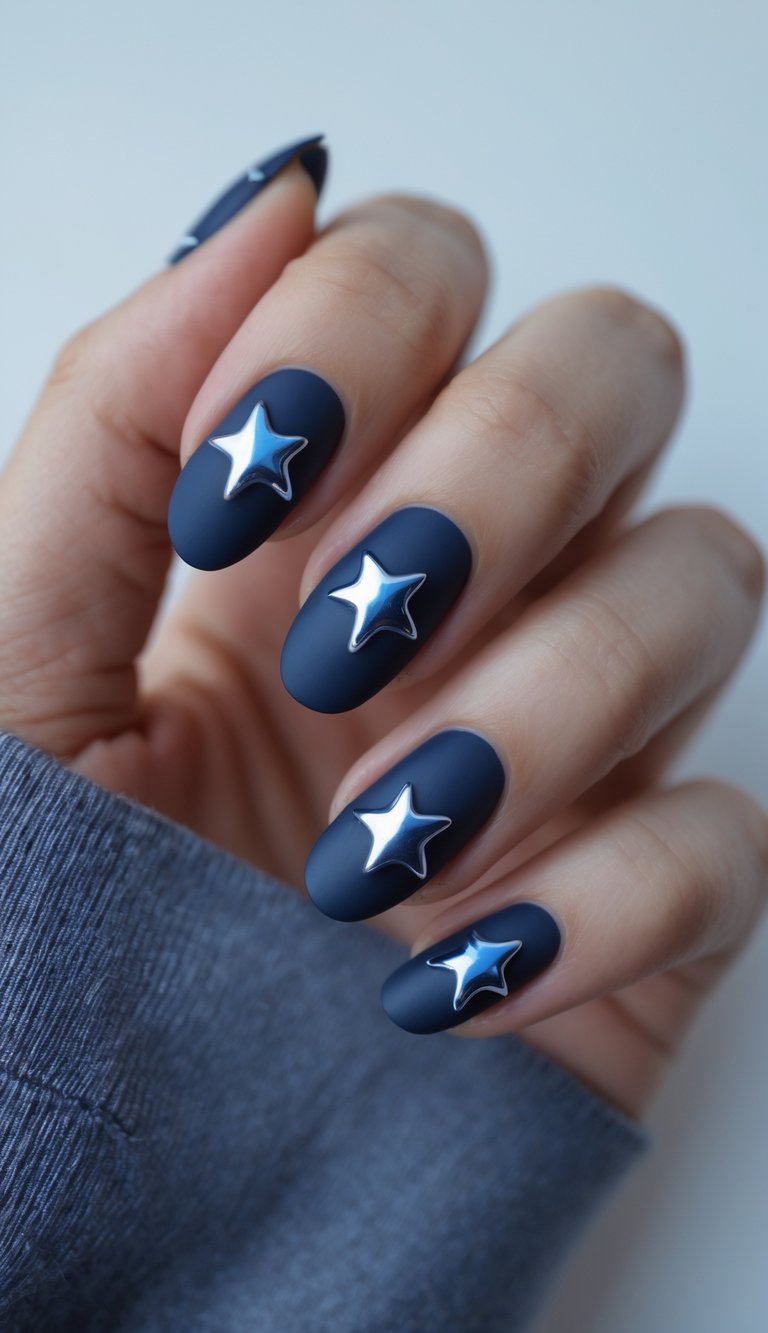Close-up of one hand showing nails painted matte midnight blue with glossy star designs on a white background.